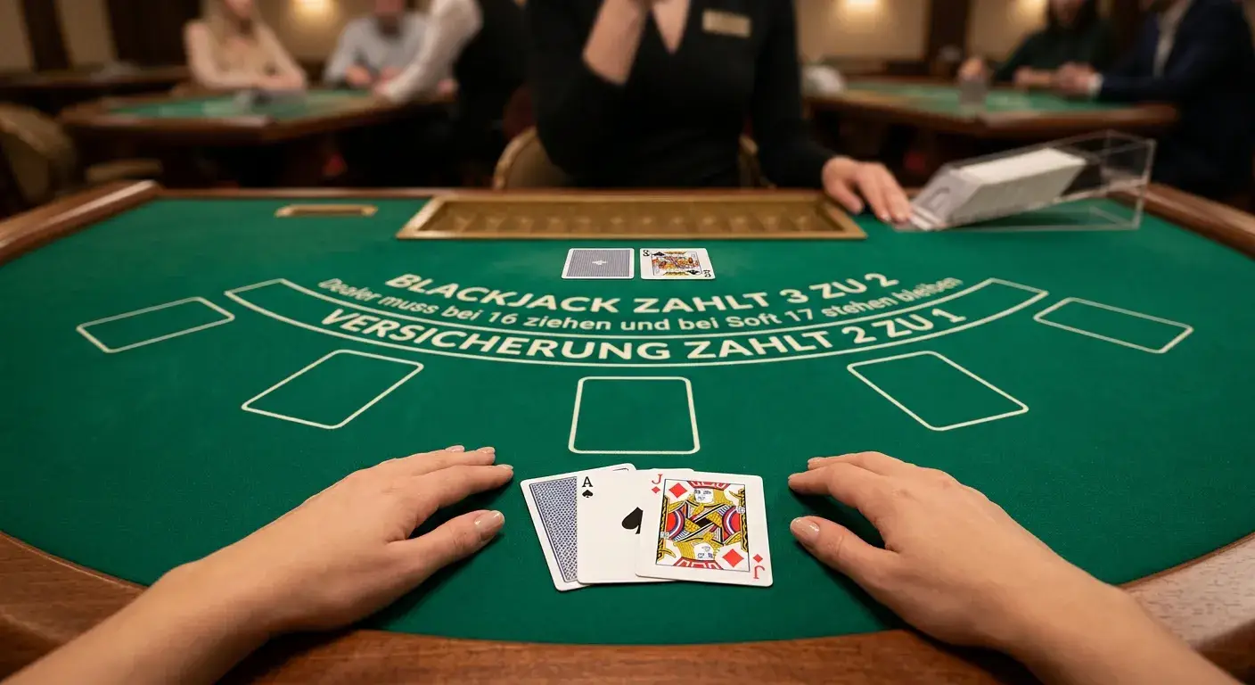 Blackjack-Tisch mit Karten und Spieler-Hand in realistischer Casino-Atmosphäre