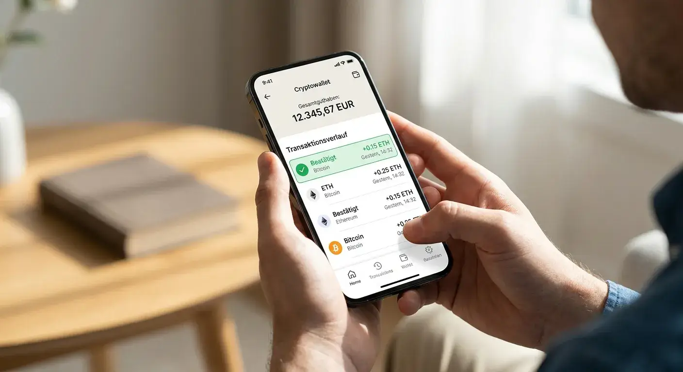 Person mit Smartphone und anonymem Krypto-Wallet auf dem Bildschirm