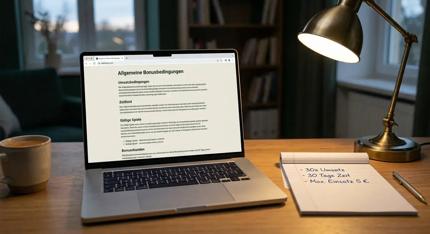 Laptop mit geöffneter Casino-Bonusseite und handschriftlichen Notizen