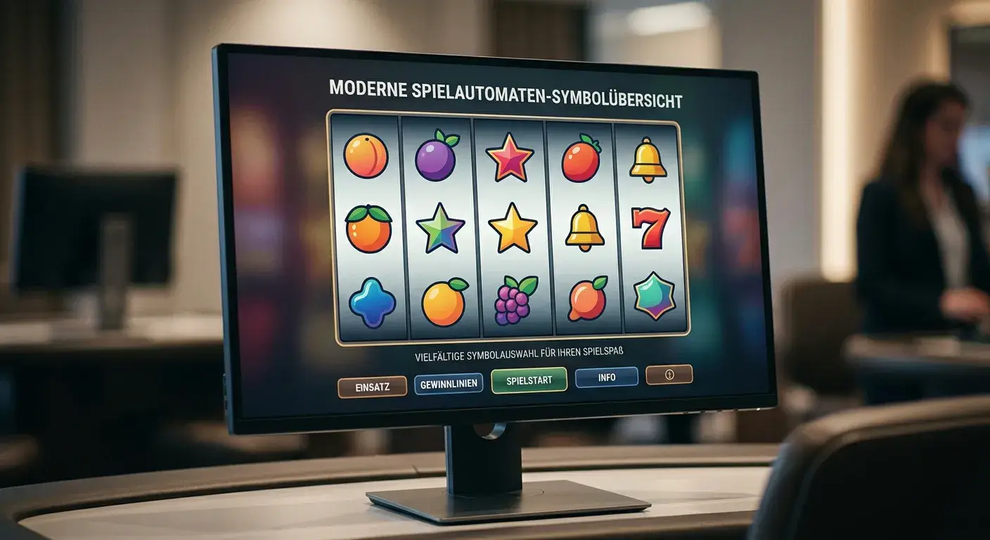 Bildschirm mit bunten Spielautomaten-Symbolen und neutraler Casino-Oberfläche