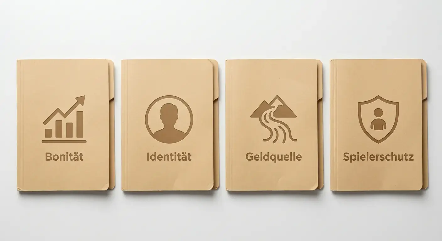Vierteilige Übersicht aus neutralen Dokumenten für Bonität, Identität, Geldquelle und Spielerschutz