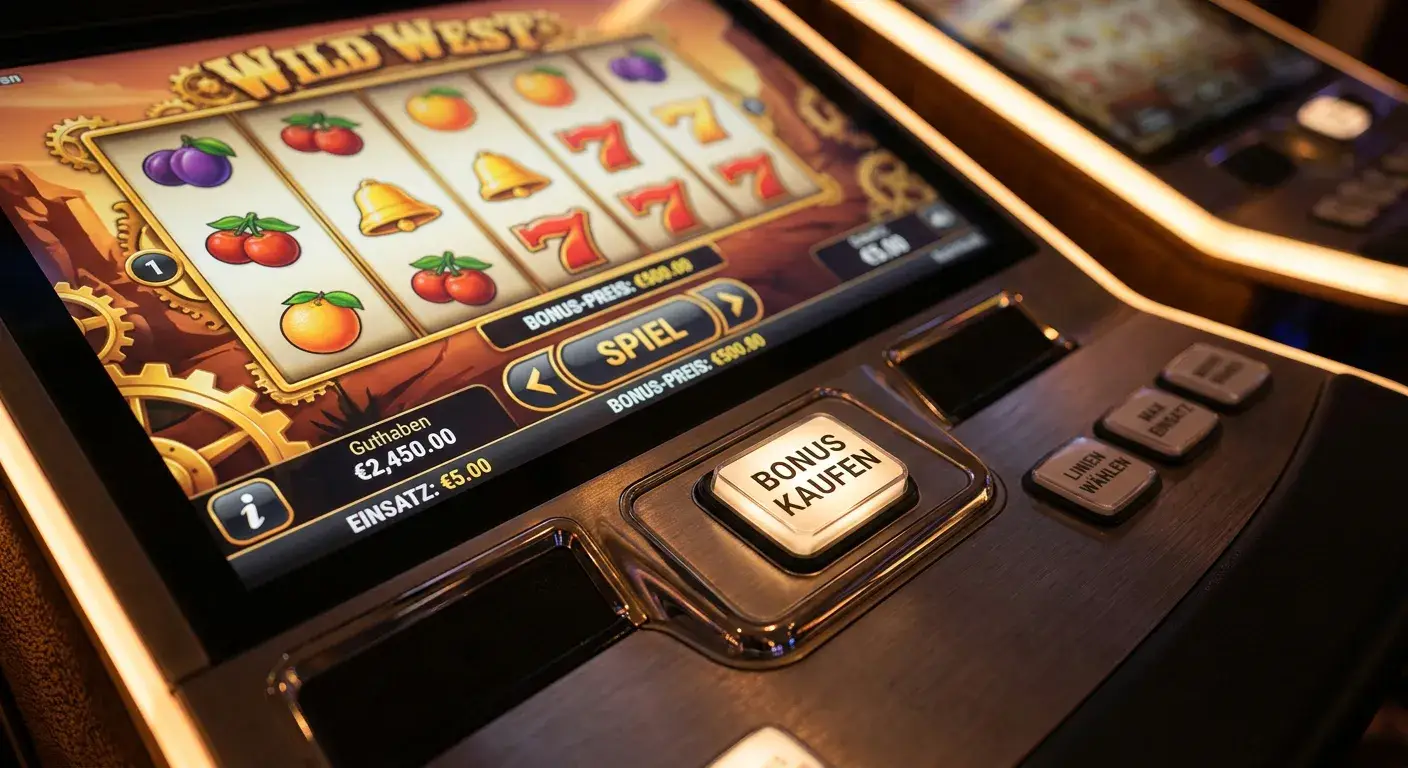 Detailansicht eines Spielautomaten mit Bonus-kaufen-Schaltfläche neben den Walzen