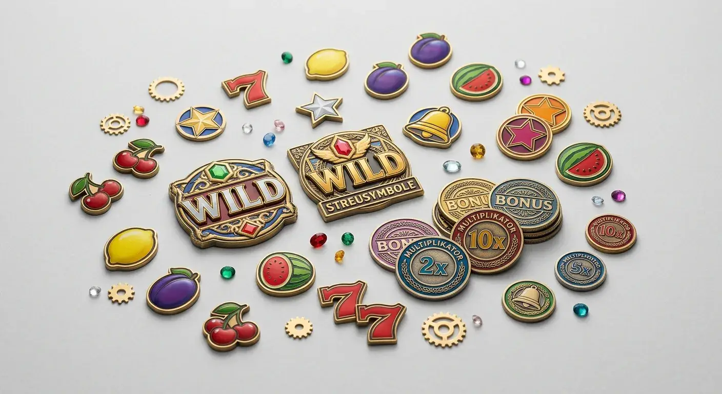 Collage moderner Spielautomaten-Symbole mit Multiplikatoren und Freispiel-Hinweisen