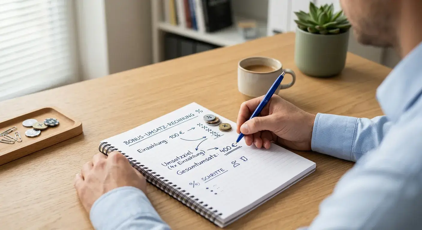 Person mit Stift und Notizblatt berechnet Bonus und Umsatz ohne Taschenrechner