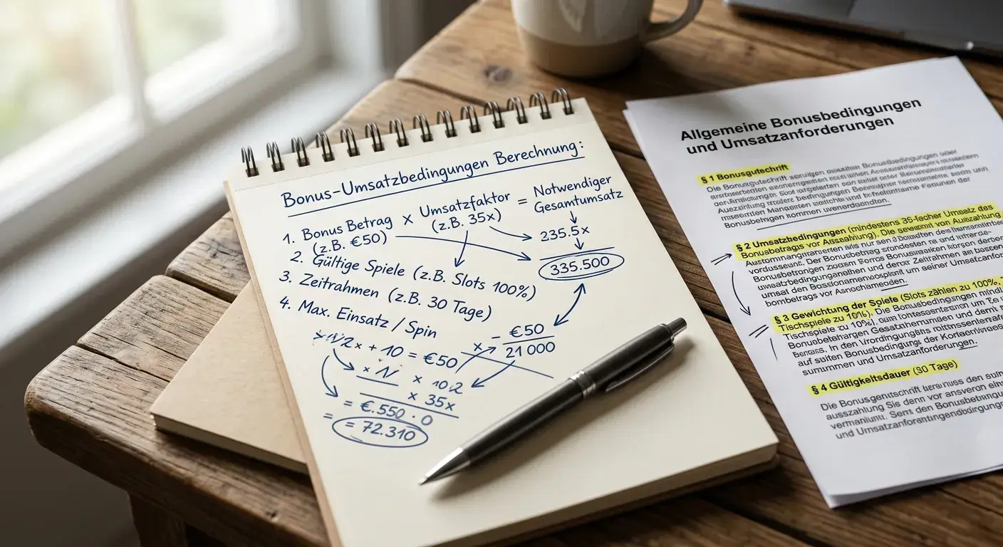 Bonus-Umsatzbedingungen berechnen mit Notizen und Stift