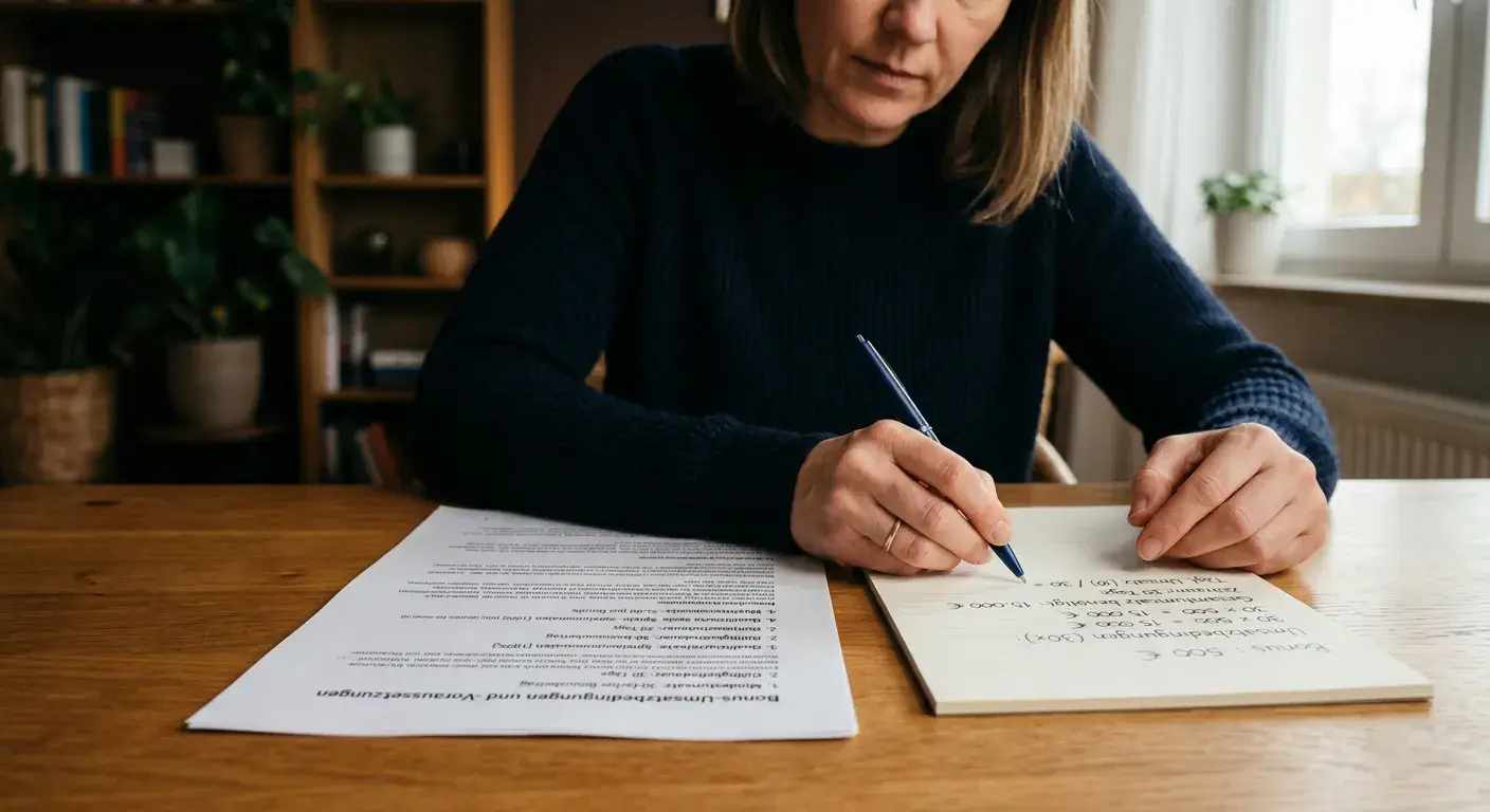 Person prüft Umsatzbedingungen mit Stift und Notizblatt