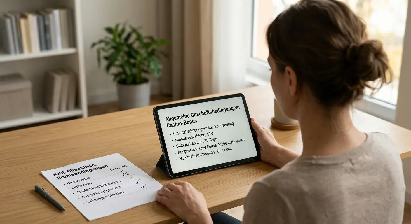 Person prüft Bonusbedingungen auf einem Tablet neben einem neutralen Dokument