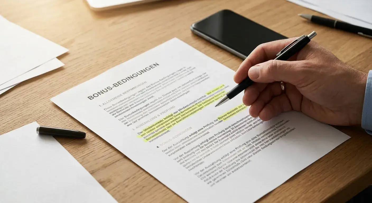 Person prüft Bonusbedingungen auf Papier neben einem neutralen Smartphone