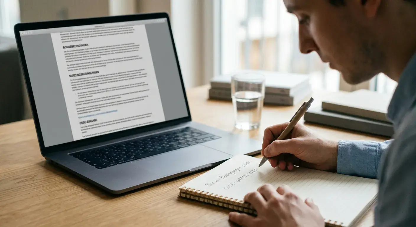 Person liest am Laptop die vollständigen Bonusbedingungen und notiert Code und Frist auf Papier