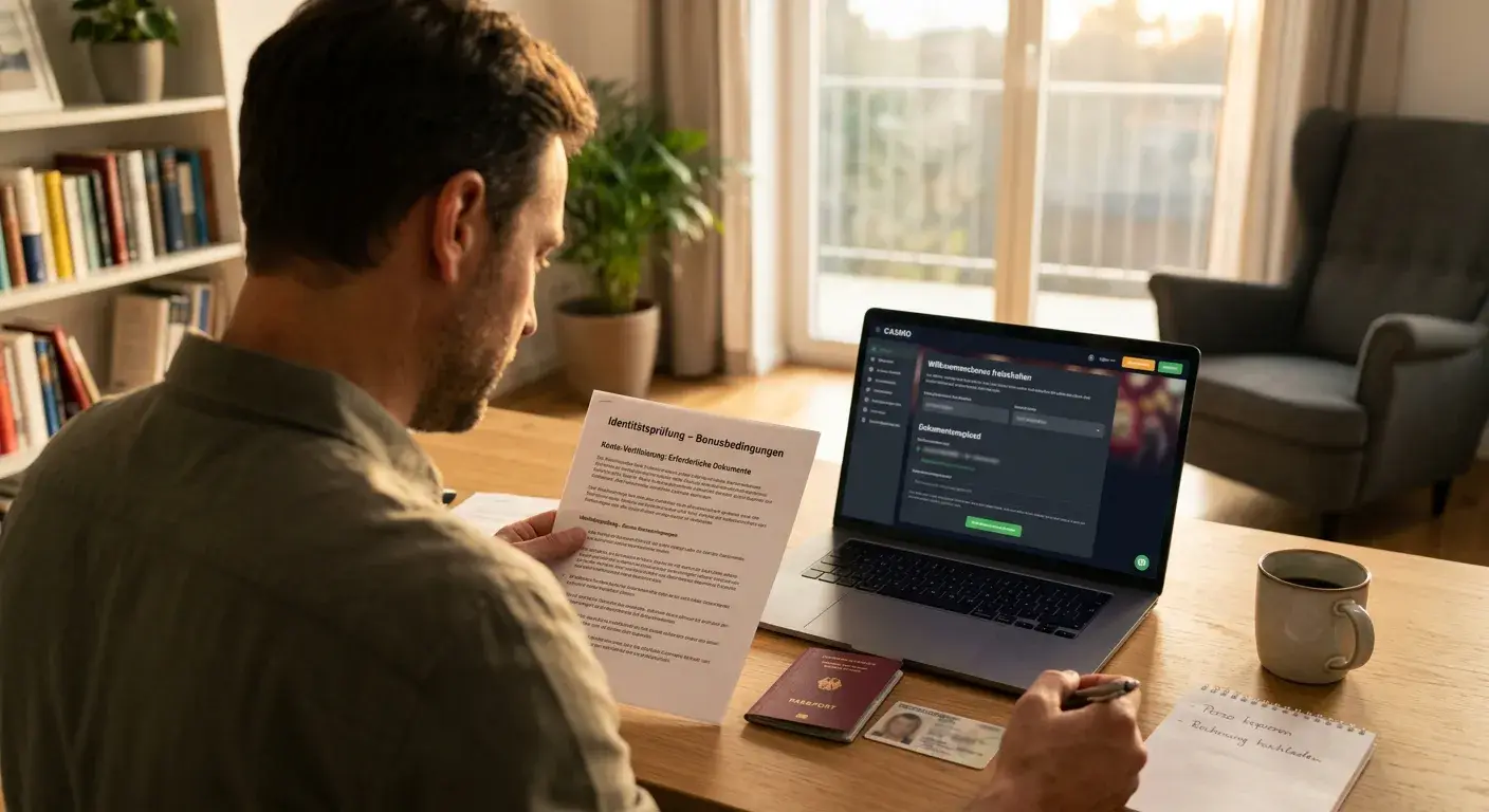 Spieler prüft Bonusbedingungen und Identitätsnachweise an einem Laptop
