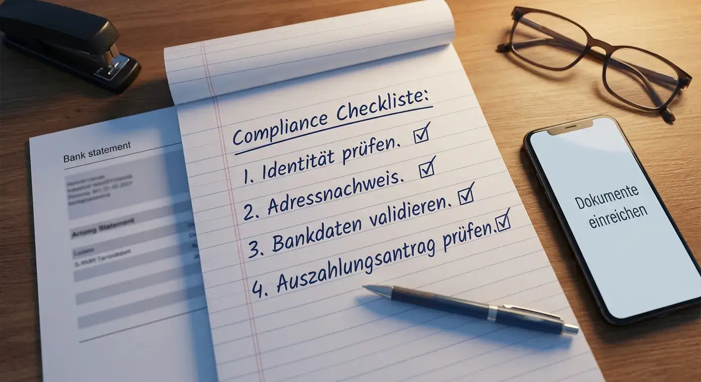 Handschriftliche Prüfliste neben neutralem Kontoauszug und Smartphone