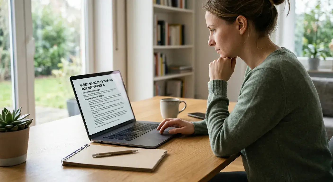 Person prüft Bonusbedingungen auf einem Laptop neben einem neutralen Notizblatt