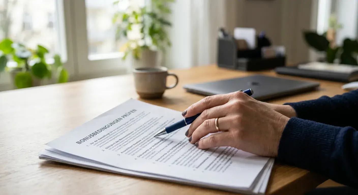 Person mit Stift prüft eine neutrale Liste von Bonusbedingungen