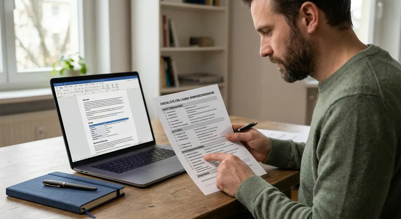 Person mit Notizblatt und geöffneter Bonusbedingung neben einem Laptop
