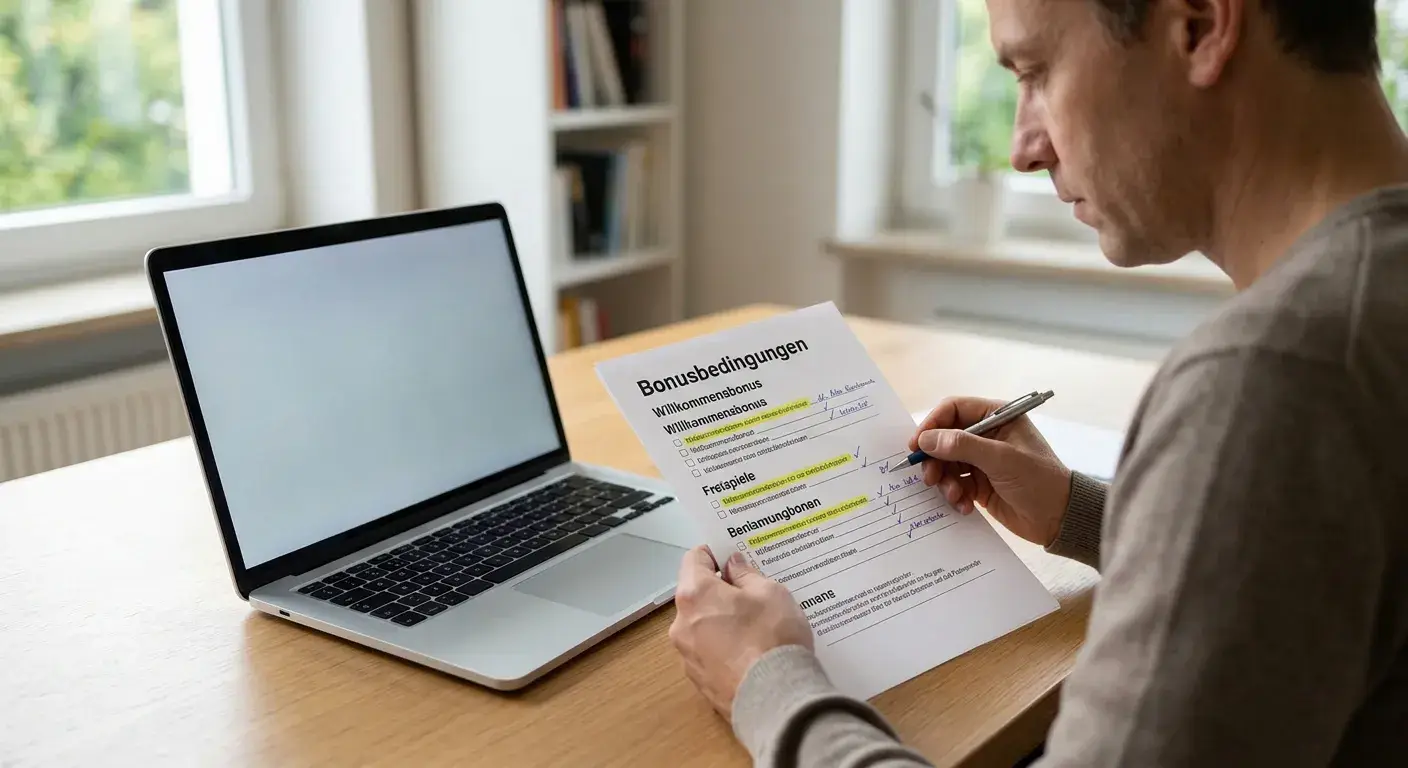 Prüfung von Bonusbedingungen auf Papier und Laptop