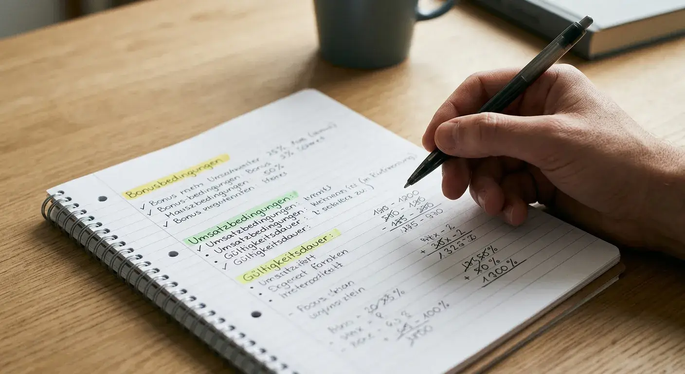 Notizbuch mit handschriftlicher Umsatzrechnung und markierten Bonusbedingungen