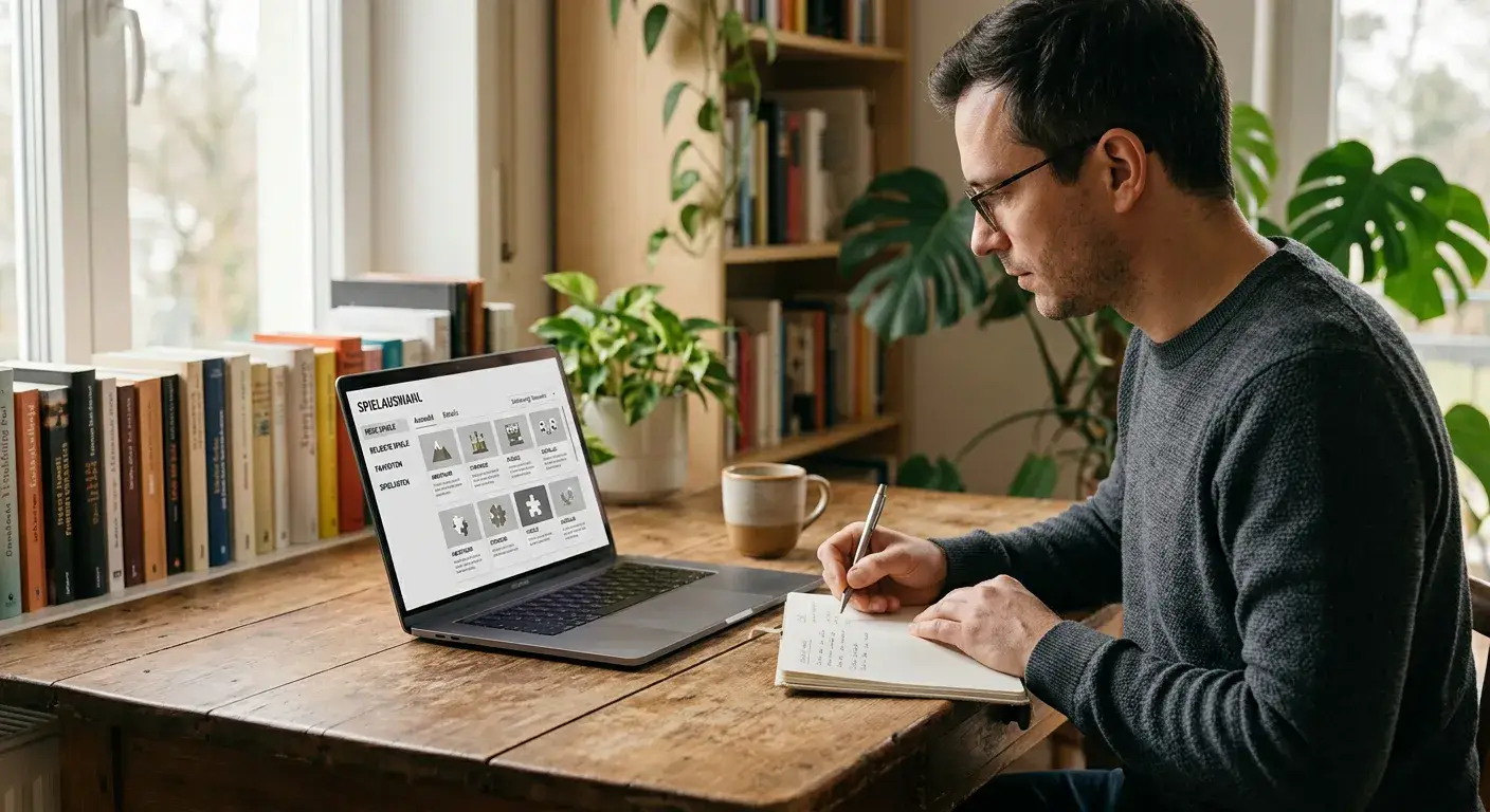 Person mit Notizbuch neben neutraler Spielauswahl auf einem Laptop