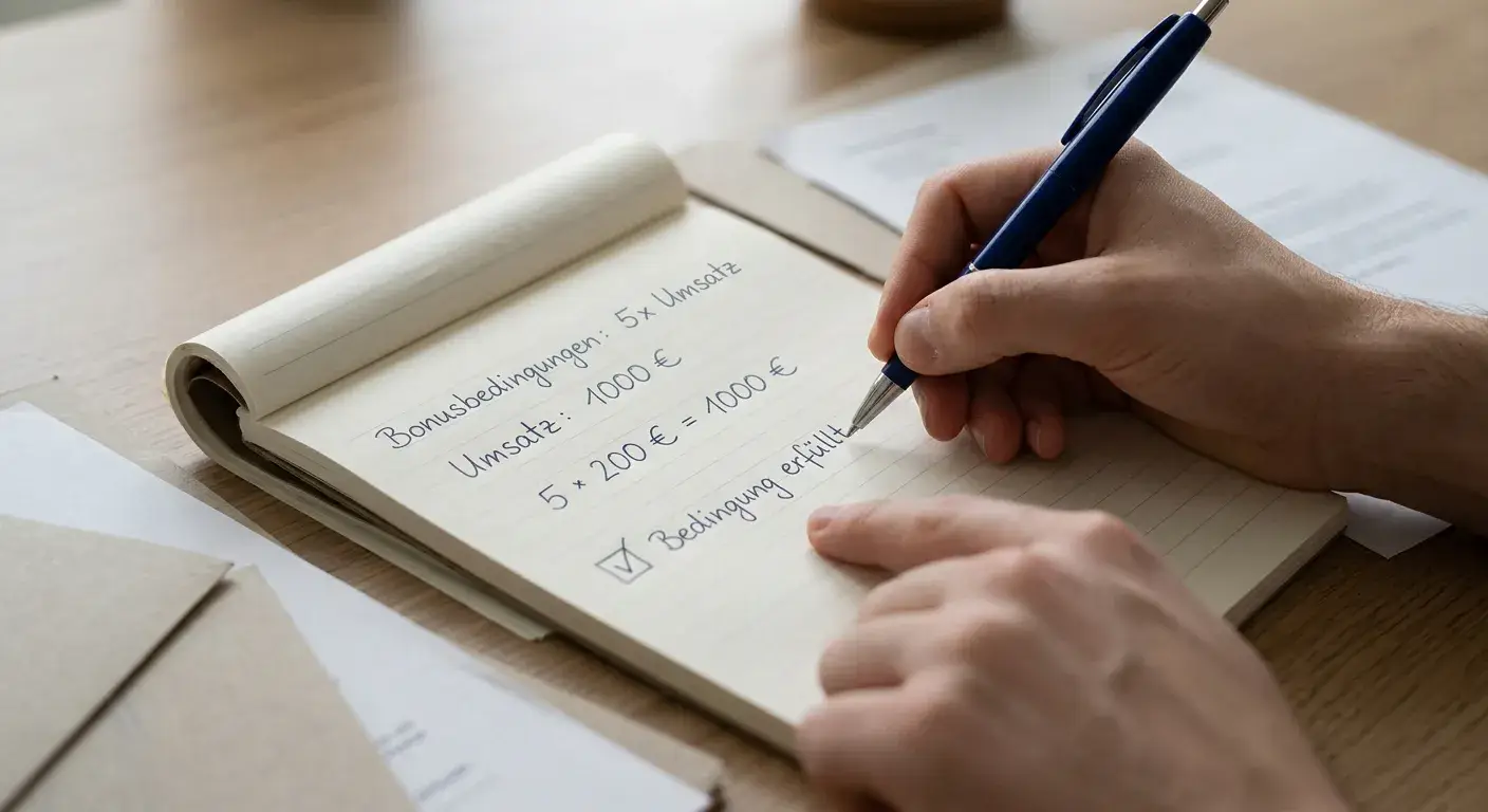 Handschriftliche Berechnung von Umsatzbedingungen auf einem Notizblock