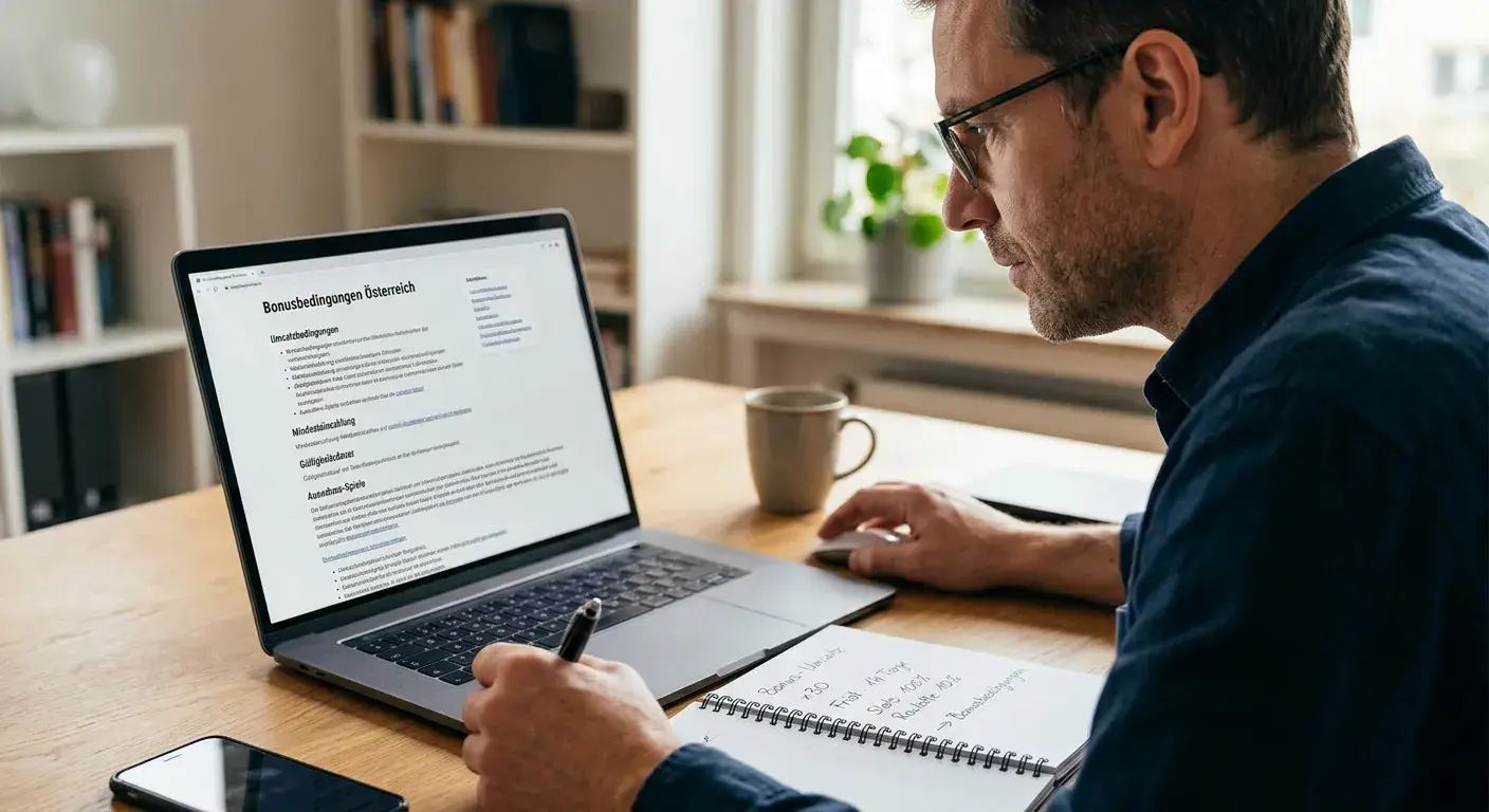 Person mit Notizbuch prüft Umsatzbedingungen und Fristen am Laptop