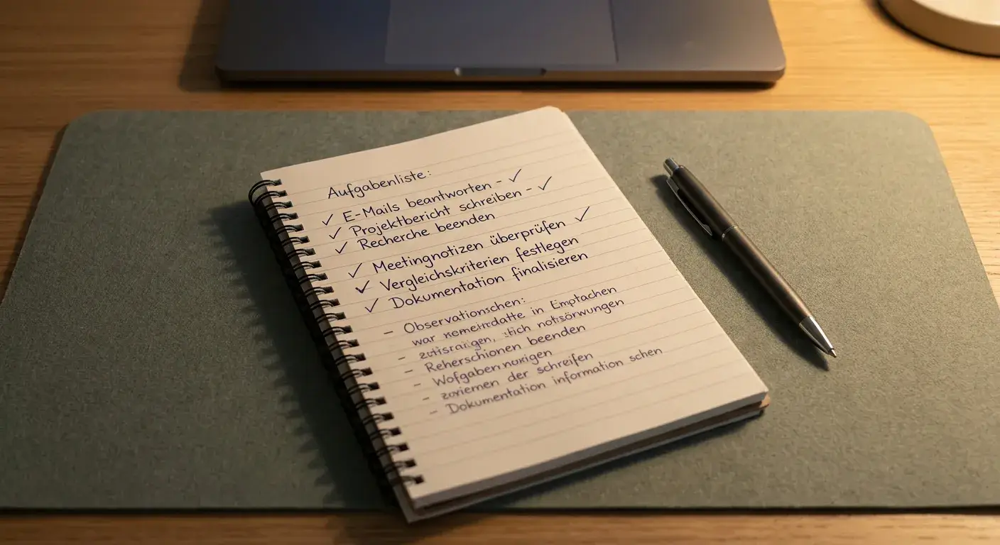Notizblock mit Stift neben einem Laptop, auf dem eine neutrale Bonusübersicht zu sehen ist