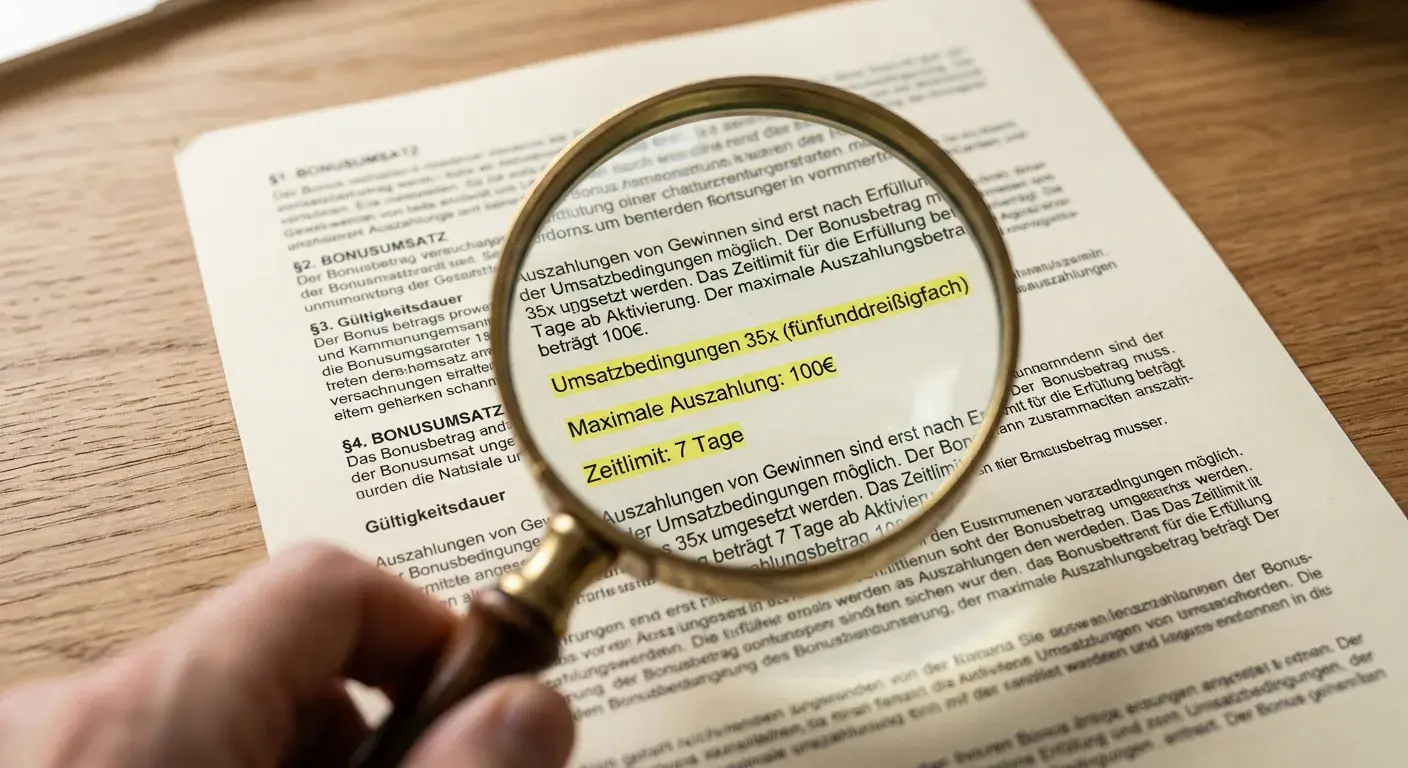 Detailansicht Bonusbedingungen-Dokument mit Lupe zeigt Umsatzbedingungen und Kleingedrucktes