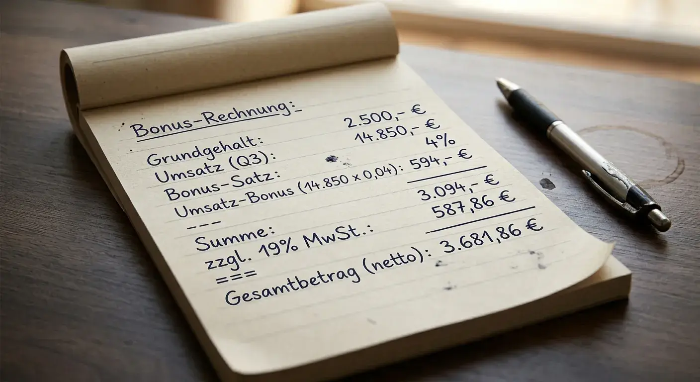 Notizblock mit handschriftlicher Rechnung neben Kugelschreiber, ruhiges Arbeitszimmerlicht