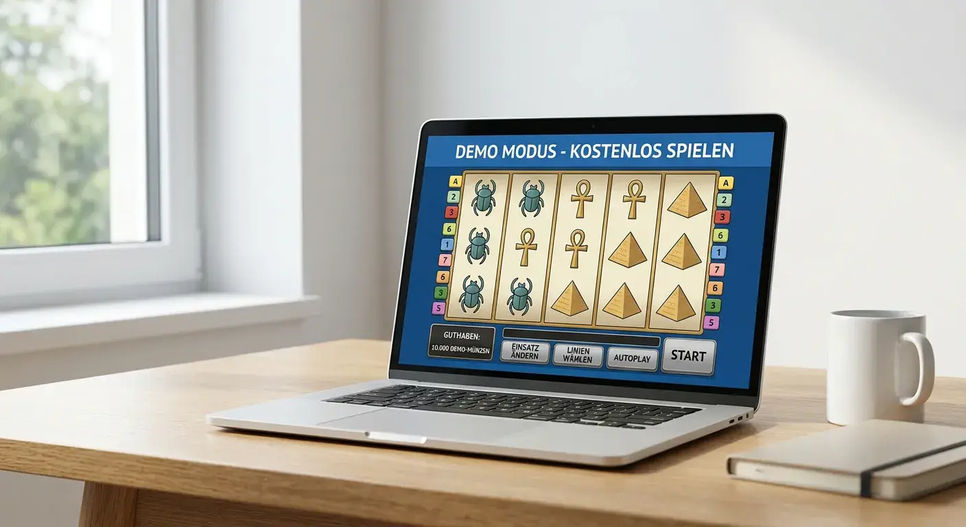 Nahaufnahme eines Laptops mit neutraler Spielautomaten-Oberfläche und Demo-Modus-Anzeige auf dem Bildschirm