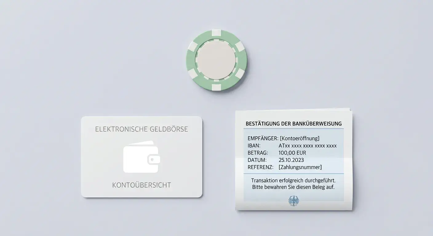 Verschiedene neutrale Zahlungs-Symbole auf hellem Hintergrund: Chip, E-Wallet-Icon und Banküberweisung