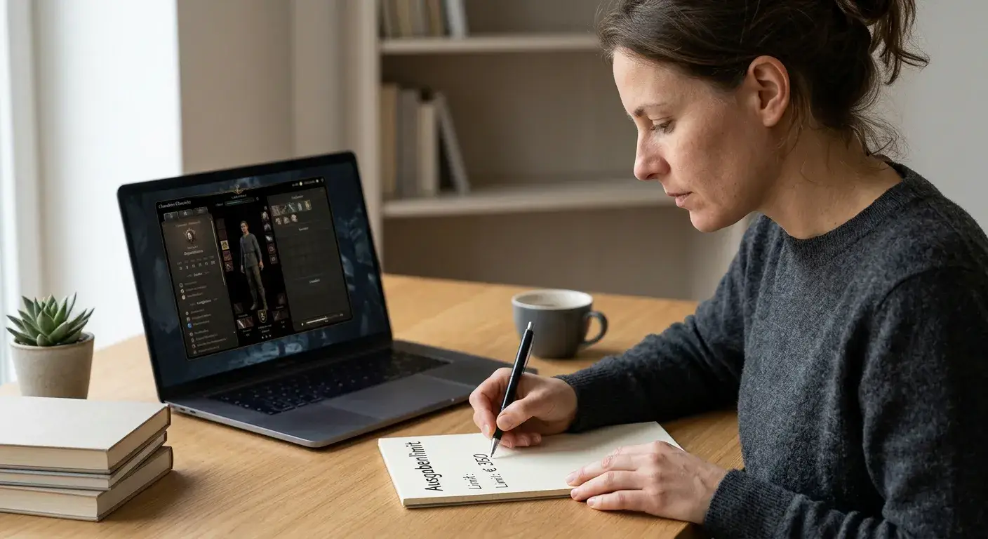 Person mit Notizblatt neben einem neutralen Laptop-Spielbildschirm