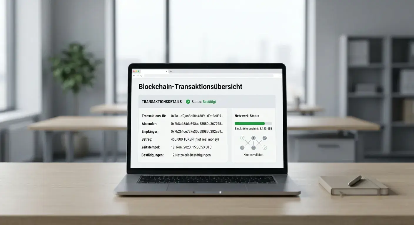 Laptop mit einer neutralen Blockchain-Transaktionsübersicht ohne Markenlogos, ruhige Bürobeleuchtung