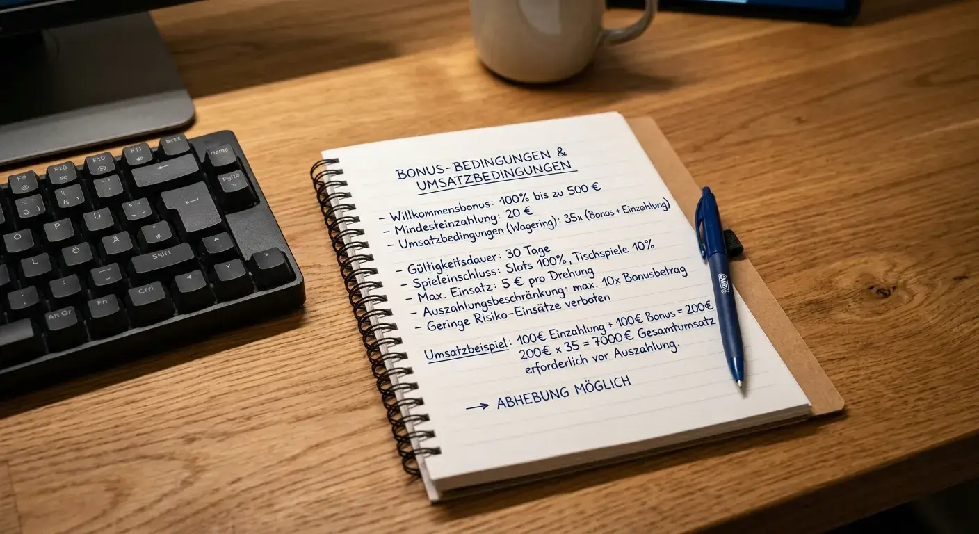 Notizbuch mit Stichpunkten zu Boni und Umsatzbedingungen neben einer Tastatur