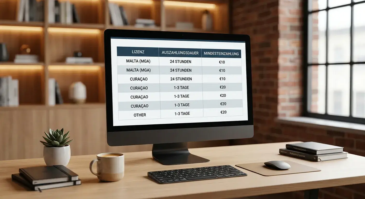 Vergleichstabelle mit Spalten für Lizenz, Auszahlungsdauer und Mindesteinzahlung auf einem Monitor
