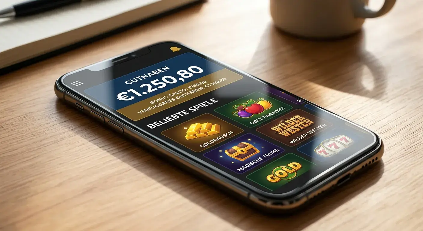 Smartphone mit Casino-App und Bonusguthaben-Anzeige