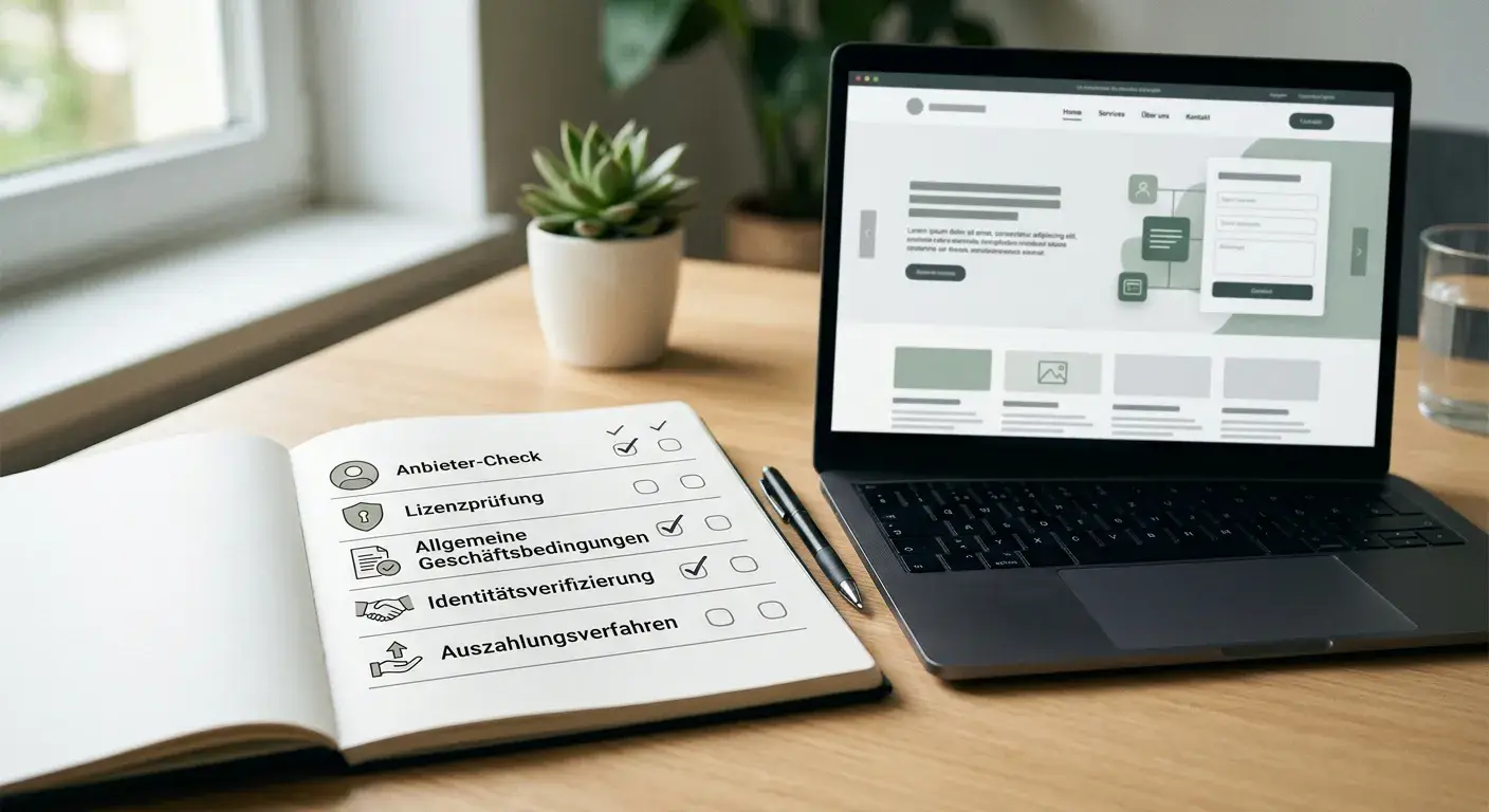 Checkliste mit neutralen Symbolen für Betreiber, Lizenz und Auszahlung