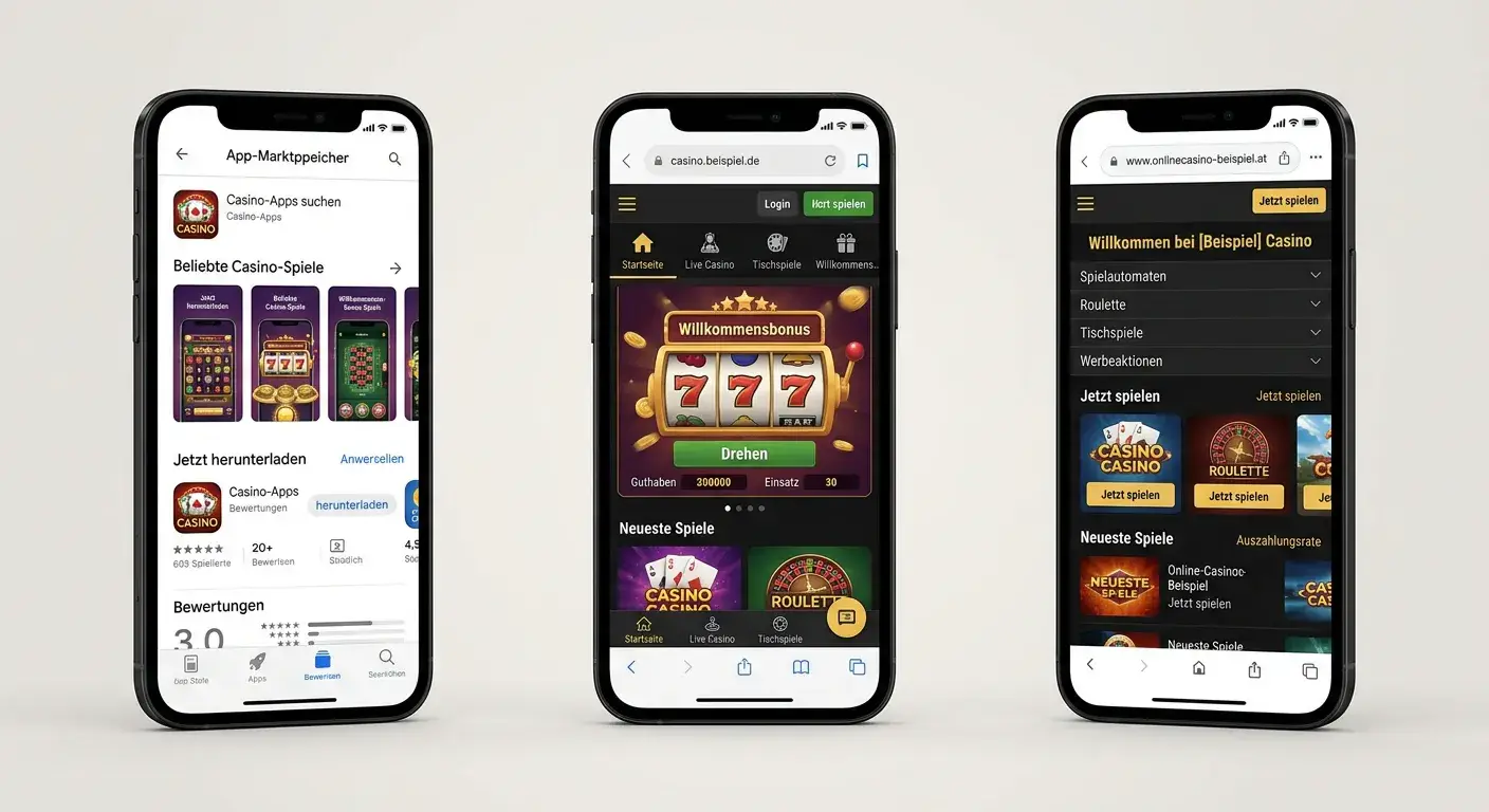 Drei Smartphones nebeneinander zeigen unterschiedliche App-Typen: Store-App, PWA und mobile Website