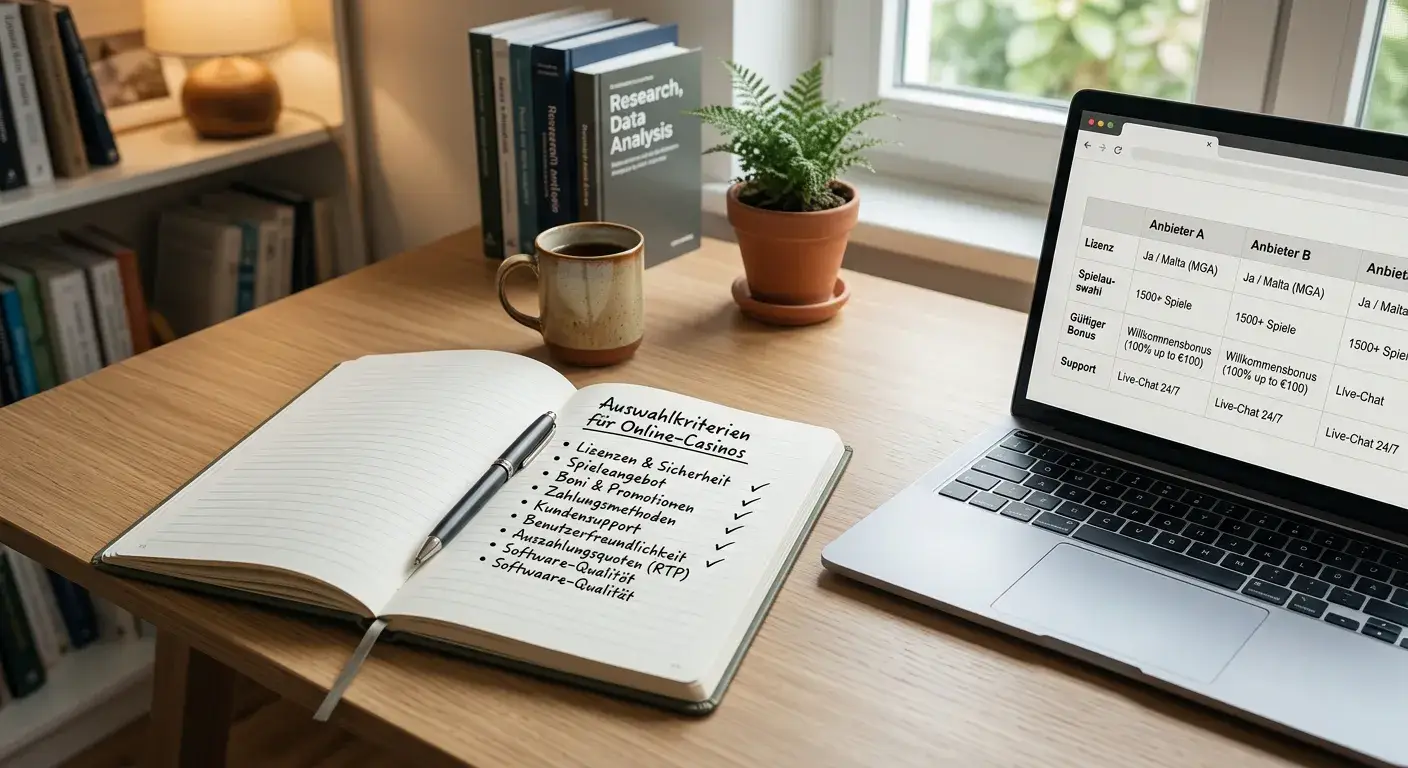 Person am Schreibtisch mit handschriftlicher Kriterien-Checkliste und Laptop mit neutraler Vergleichsoberfläche