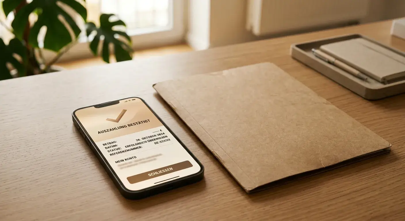 Smartphone mit neutraler Auszahlungsübersicht und Dokumentenmappe