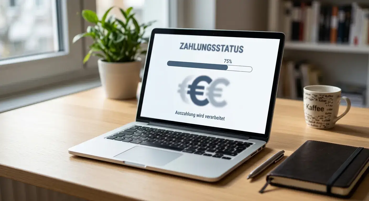 Laptop mit neutraler Zahlungsübersicht und Notiz zur Auszahlung