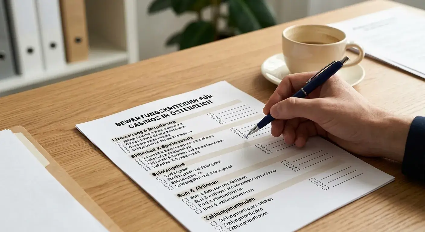 Bewertungskriterien für Online Casinos mit Checkliste und Stift