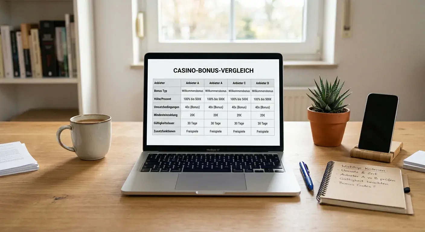 Laptop mit neutraler Vergleichstabelle für Bonus, Lizenz und Auszahlung