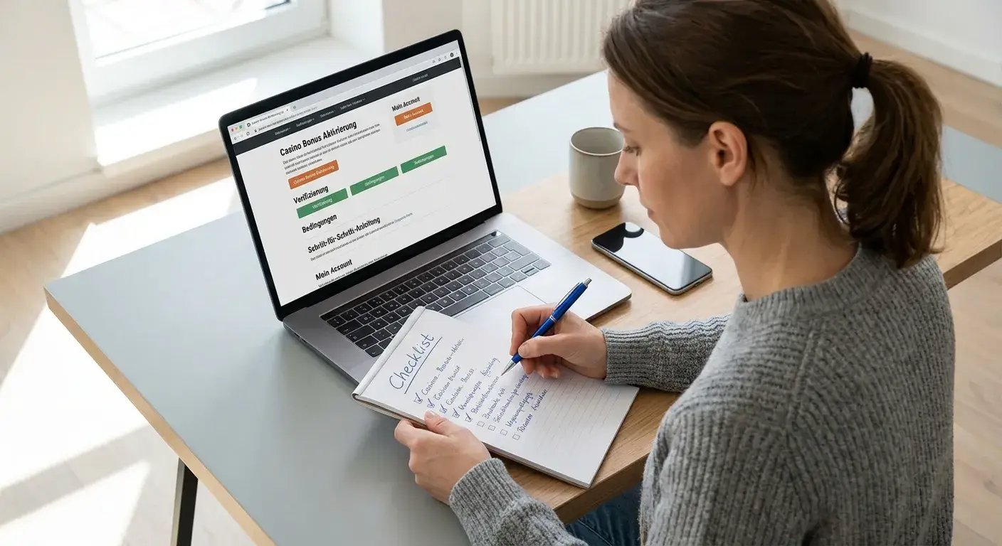 Checkliste mit Stift und Laptop für die systematische Prüfung eines Casinoangebots