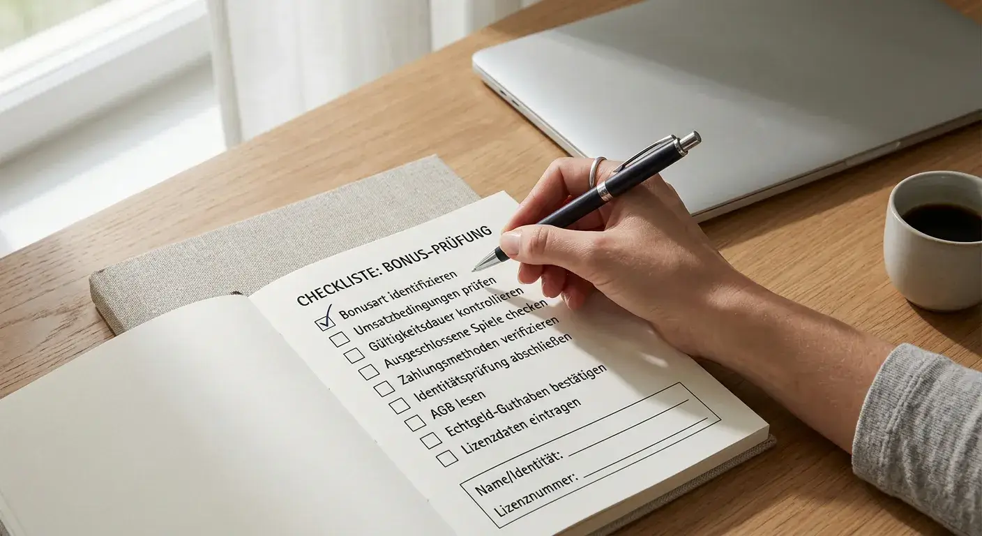 Checkliste mit Betreiberangaben, Lizenzfeld und markierten Bonusbedingungen