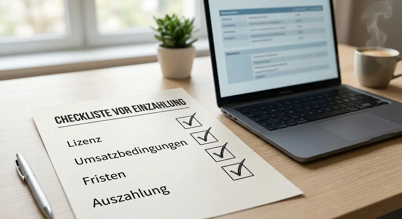 Neutrale Checkliste mit Lizenz, Umsatzbedingungen und Auszahlungsprüfung