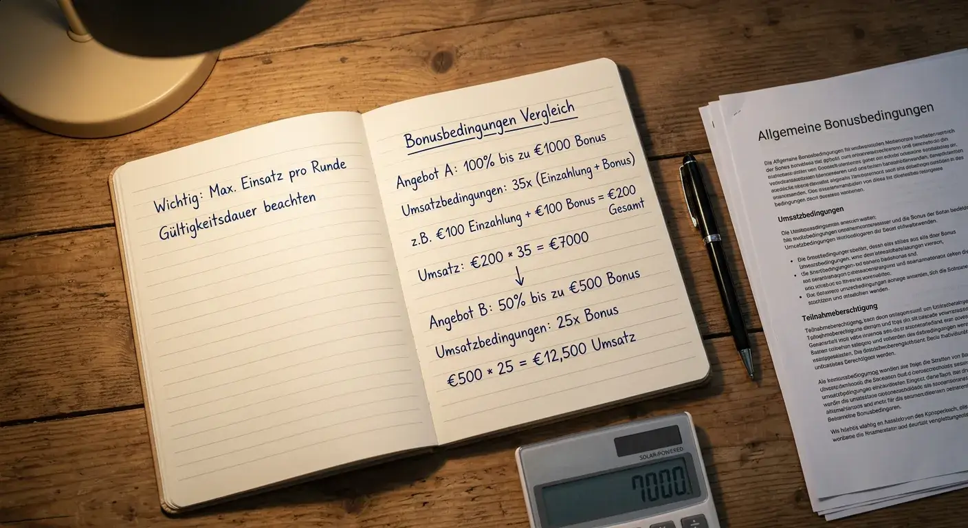 Notizblock mit handschriftlichen Bonusberechnungen und Umsatzbedingungen