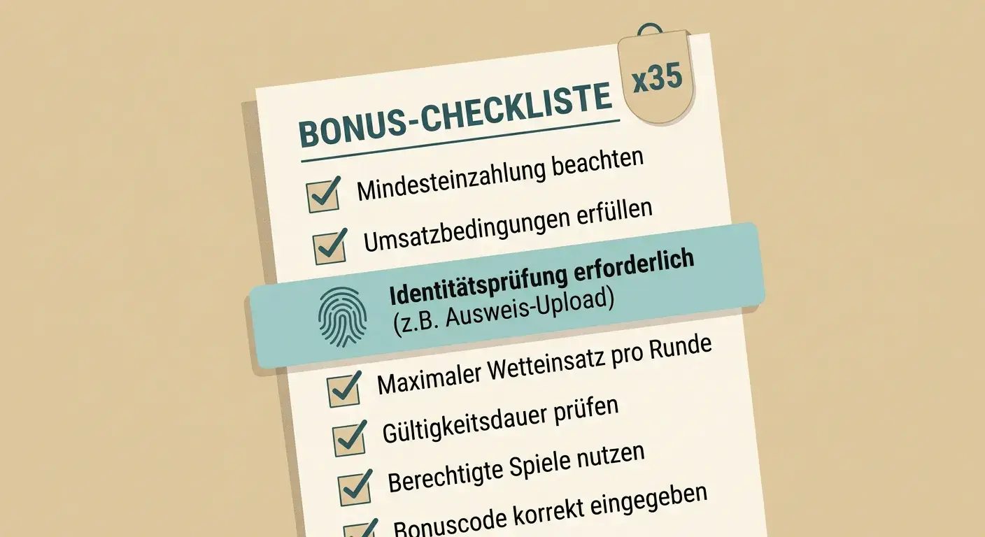 Checkliste mit Bonusbedingungen und Hinweis auf die Identitätsprüfung