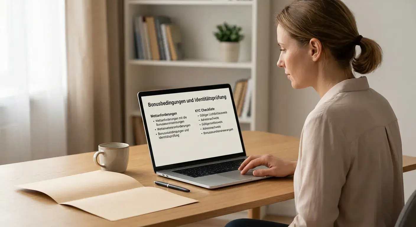 Person prüft Bonusbedingungen und KYC-Hinweise auf einem Laptop