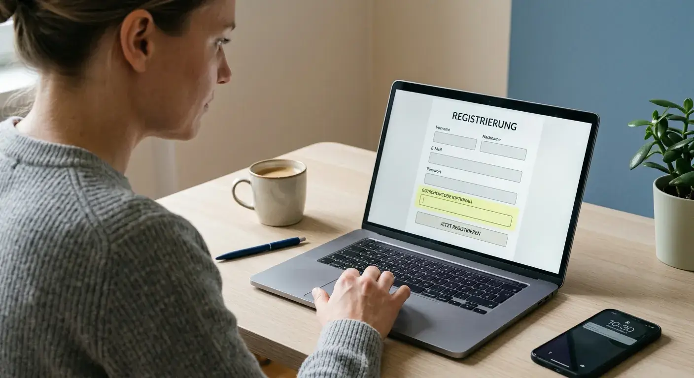 Neutrales Registrierungsformular mit hervorgehobenem Bonuscode-Feld