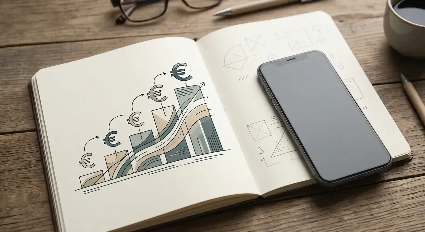 Notizbuch mit gestuften Euro-Budgets und neutralem Smartphone am Tisch
