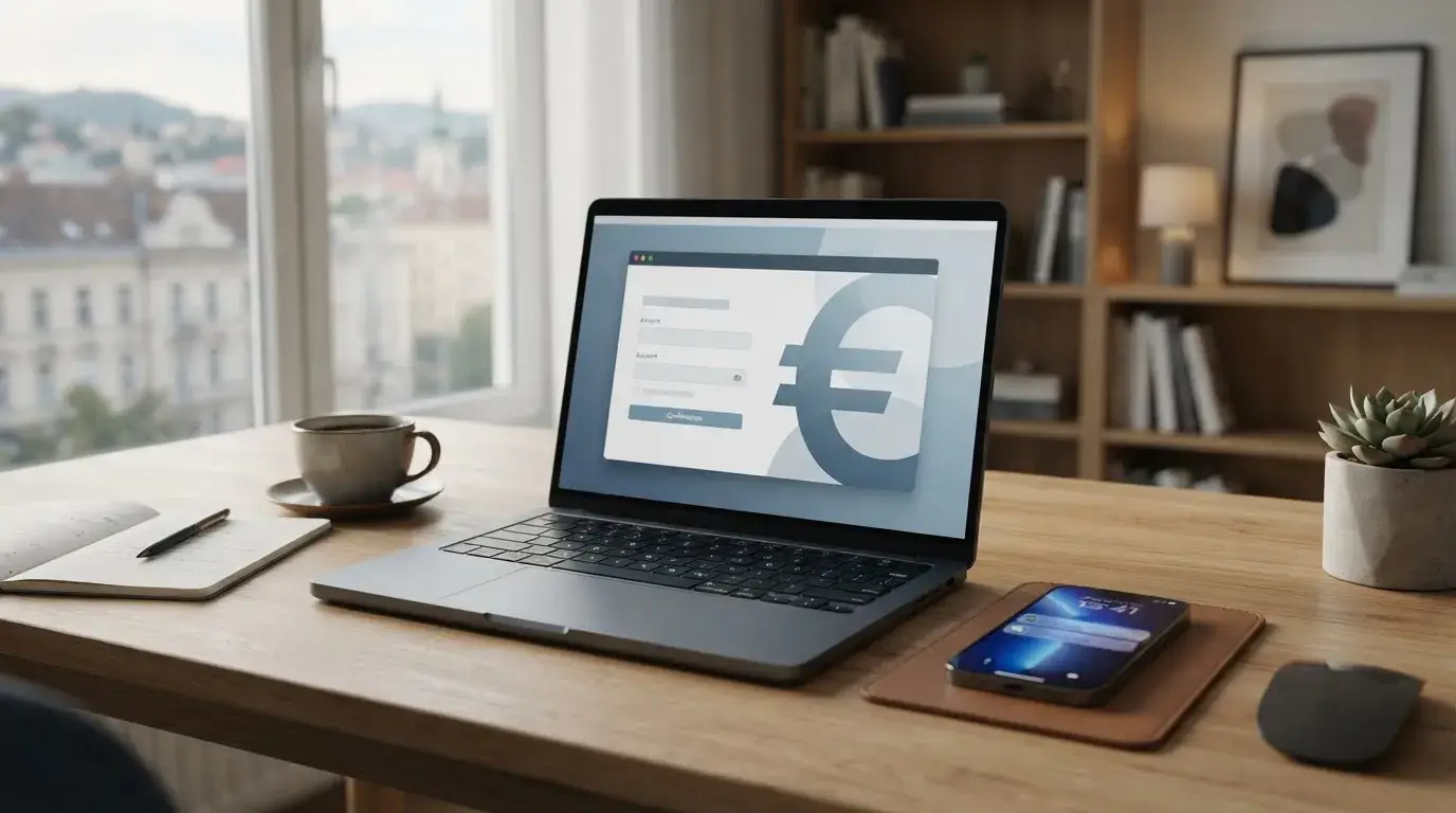 Laptop mit neutraler Casino-Kassenseite und österreichischem Banküberweisungsablauf
