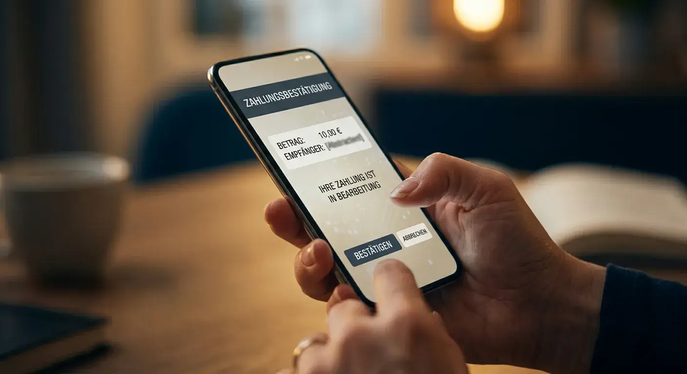 Person prüft einen kleinen Euro-Betrag und Kassenbedingungen auf einem Smartphone